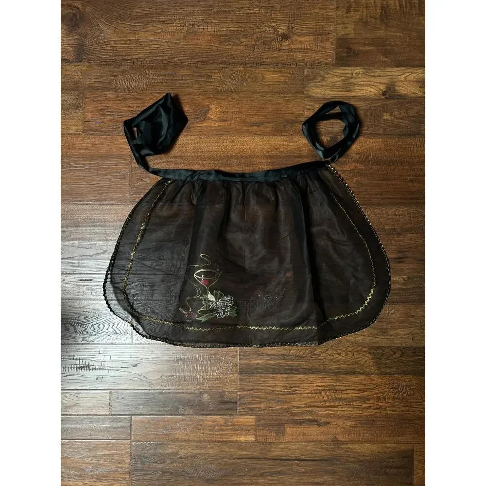 VTG Mid Century Sheer Black Half Apron Hand Painted Martini Cigarette Gold Trim